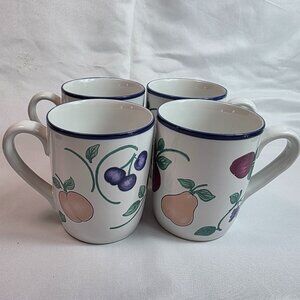 FOUR Princess House Orchard Medley Coffee Mugs White with Multicolored Fruit